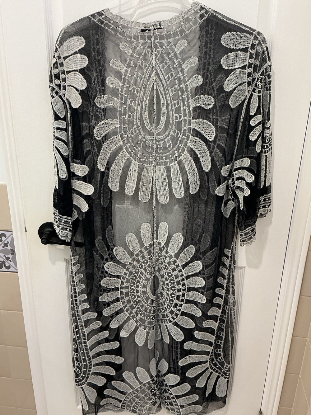 Black Kimono with White Embroidered Details